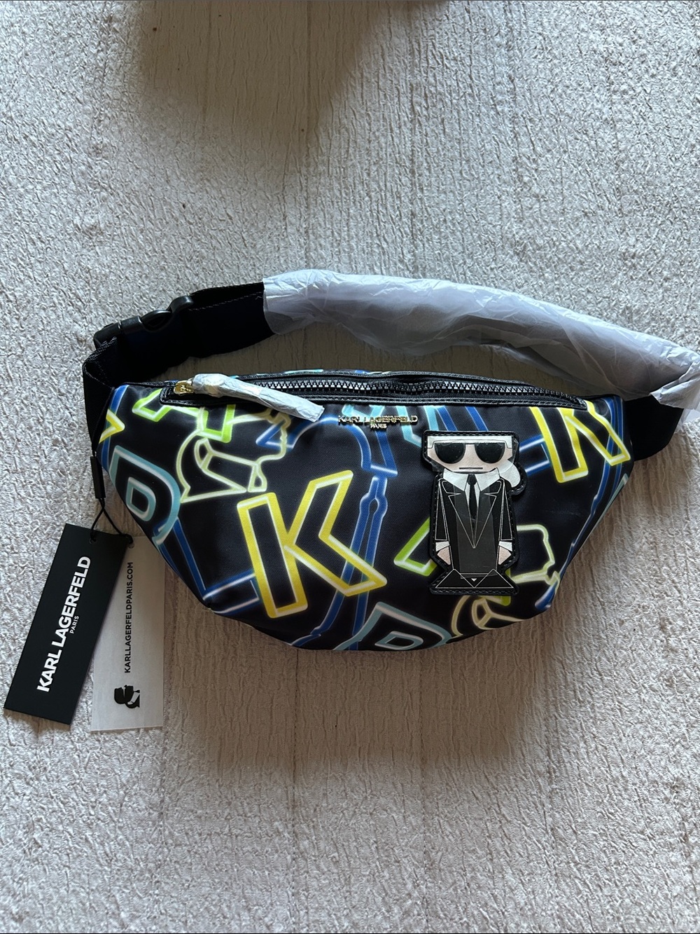 Karl Lagerfeld Black Belt Bag with Neon Yellow & Blue Logo Print